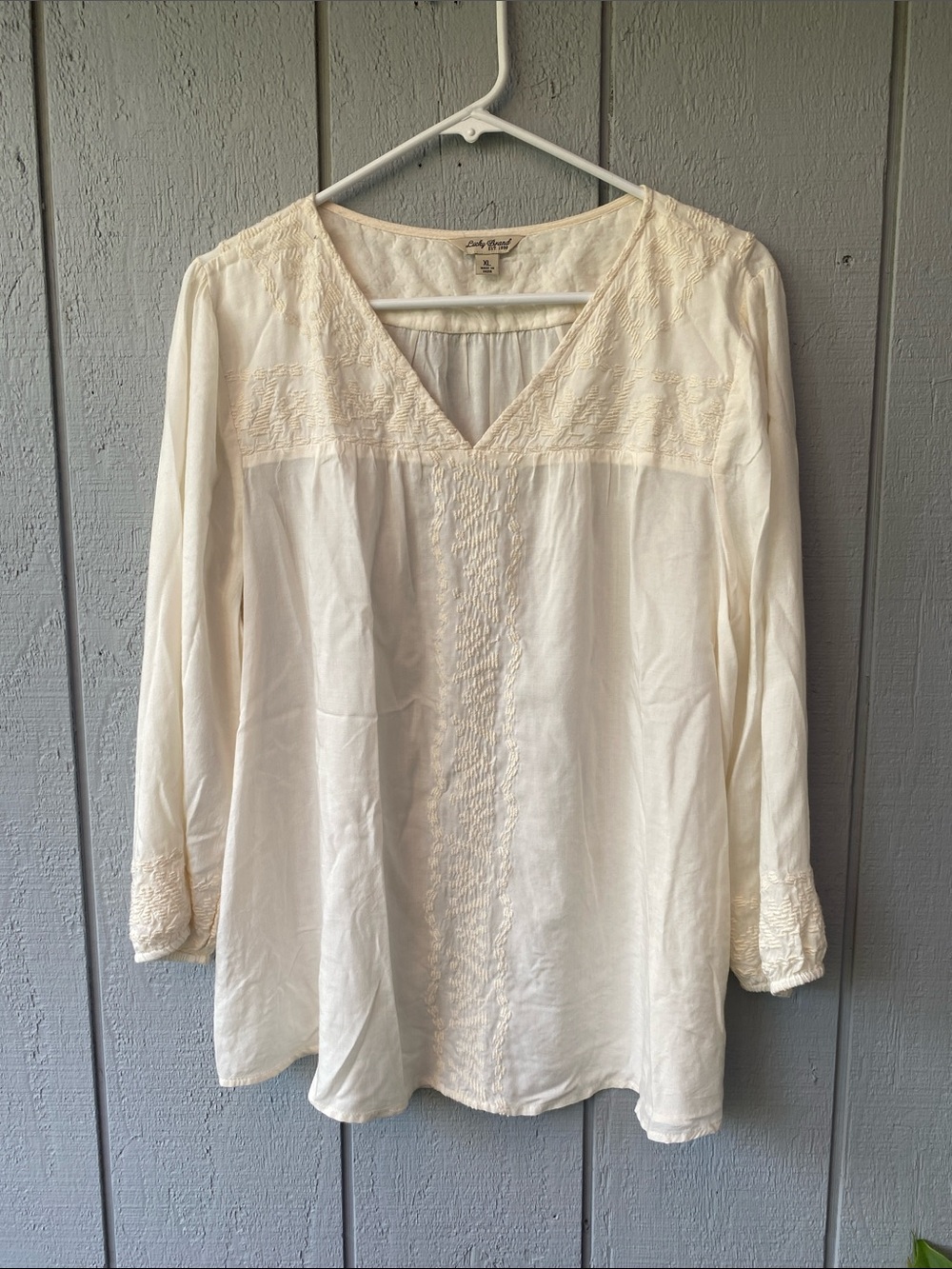 Lucky Brand Cream V-Neck Embroidered Tunic Top Boho